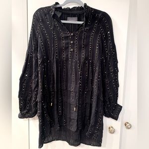 Anthropologie Quinn Black and Gold Sequined Tiered Tunic Top XS